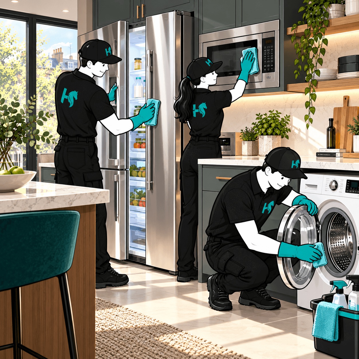 TaskHorse team cleaning a fridge, microwave and washing machine in a home kitchen