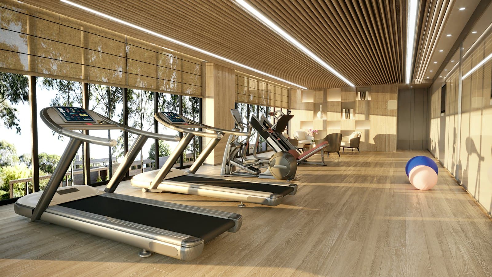 Bright gym floor with treadmills facing large windows